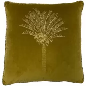 Desert Palm Embroidered Velvet Piped Cushion Cover, Olive, 50 x 50 Cm - Furn