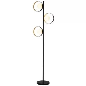 Searchlight Orbital 3 Light Matt Black And Gold Leaf Floor Light With Opal Glass