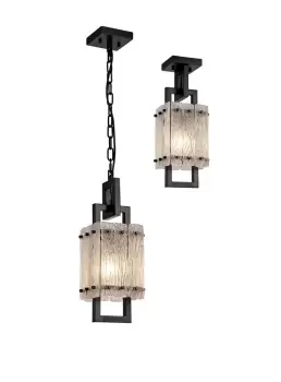 Small Square Ceiling Pendant, 1 Light E27, Matt Black, Crystal Sand Glass