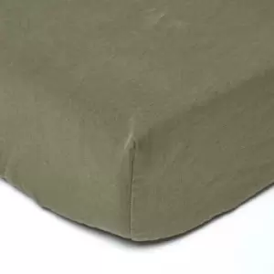 Khaki Green Linen Fitted Sheet, Double - Green - Green - Homescapes