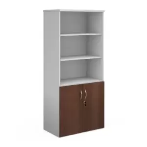 Duo combination unit with open top 1790mm high with 4 shelves - white with walnut lower doors