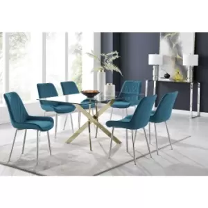 Furniturebox Leonardo 150cm Modern Glass And Gold Metal Dining Leg Table And 6 Blue Pesaro Velvet Silver Chrome Leg Dining Chairs