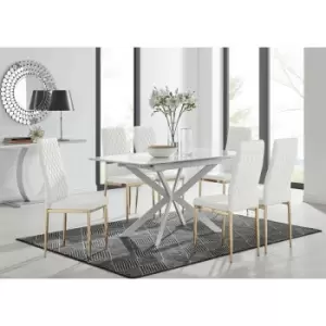 LIRA 120 Extending Dining Table and 6 White Gold Leg Milan Chairs - White