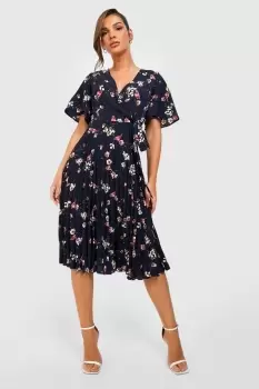 Floral Print Pleated Midi Skater Dress