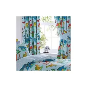 Kids Club Dinosaurs Fully Lined Pencil Pleat Headed Curtains, Polyester-Cotton, Multi-Colour, 182 x 167 cm