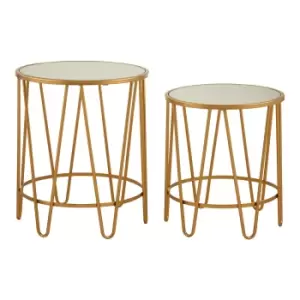 Set of 2 Round Side Tables with Mirror Tops in Gold Finish Metal