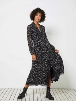 Mint Velvet Miley Foil Print Tie Neck Midi Dress - Black, Size 14, Women