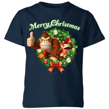 Nintendo Donkey Kong Wreath Thumbs Up Kid's Christmas T-Shirt - Navy - 7-8 Years - Navy