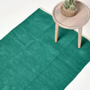 Teal Green 100% Cotton Plain Chenille Rug with Natural Trim, 90 x 150cm - Green - Homescapes