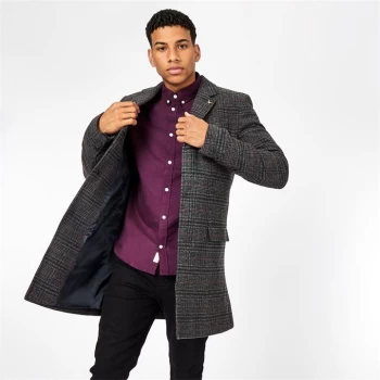 Jack Wills Roe Crombie Check Coat With Wool - Grey