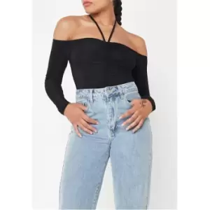 Missguided Off Shoulder Ruched Slinky Bodysuit - Black