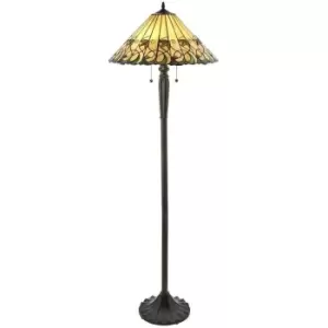 1.6m Tiffany Twin Floor Lamp Dark Bronze & Amber Stained Glass Shade i00017