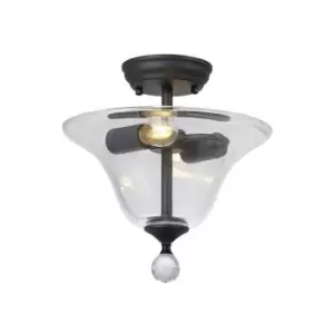 Luminosa Talisa 2 Light Semi Flush Ceiling Lamp E27 With Smooth Bell 30cm Glass Shade Graphite, Clear