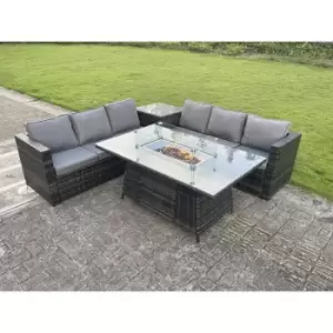 Fimous 6 Seater Outdoor Dark Grey Rattan Lounge Complete Sofa Set with Gas Fire Pit Table and Side Table