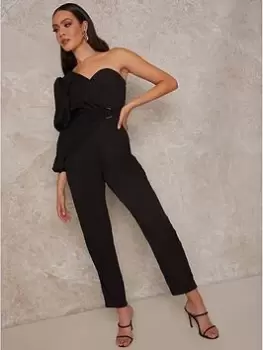 Chi Chi London Puff Sleeve One Shoulder Belted Jumpsuit - Black, Size 8, Women