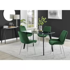 Furniturebox Malmo Rectangular Glass and Black Wooden Leg Modern Industrial Dining Table & 4 Green Pesaro Silver Velvet Chairs