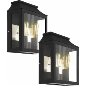 Loops - 2 pack IP44 Outdoor Wall Light Black Aluminium Glass Box 60W E27 Porch Lamp