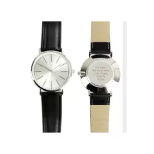 Personalised Silver with Black Leather Strap Watch