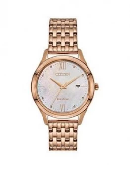 Citizen Eco-Drive Mother Of Pearl Date Dial Gold Stainless Steel Bracelet Ladies Watch