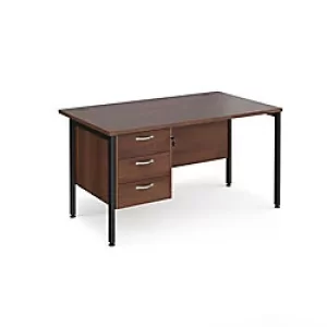 Rectangular Straight Desk Walnut Wood H-Frame Legs Black Maestro 25 1400 x 800 x 725mm 3 Drawer Pedestal