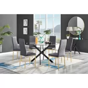 Furniture Box Novara Black Leg 120Cm Round Glass Dining Table and 6 Grey Velvet Milan Gold Leg Chairs