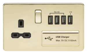 KnightsBridge 13A 2G Screwless Polished Brass 1G Switched Socket with Quad 5V USB Charger Ports - Black Insert