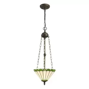 3 Light Uplighter Ceiling Pendant E27 With 30cm Tiffany Shade, Green, Crystal, Aged Antique Brass - Luminosa Lighting