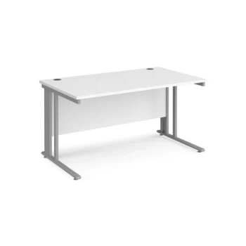 Office Desk 1400mm Rectangular Desk With Cable Managed Leg White Tops With Silver Frames 800mm Depth Maestro 25