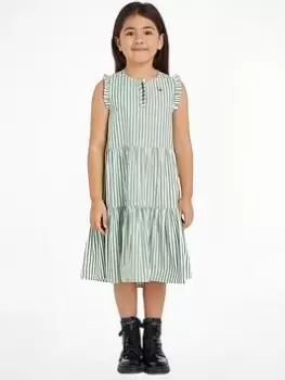 Tommy Hilfiger Girls Striped Ruffle Dress - Spring Lime Stripe, Green, Size 12 Years, Women