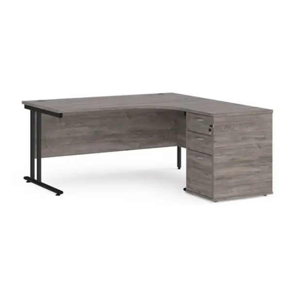 Office Desk Right Hand Corner Desk 1600mm With Pedestal Grey Oak Top With Black Frame Maestro 25