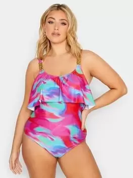 Yours Psychedelic Swirl Frill Swimsuit, Purple, Size 20, Women