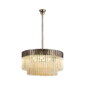 Poland Ceiling Pendant Round 12 Light E14, Polished Nickel, Cognac Sculpted Glass, Item Weight: 25.4kg