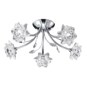 5 Light Semi Flush Multi Arm Flower Design Ceiling Light Chrome and Glass, G9