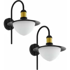 Loops - 2 pack IP44 Outdoor Wall Light Black & Gold Modern Fisherman Lamp 60W E27