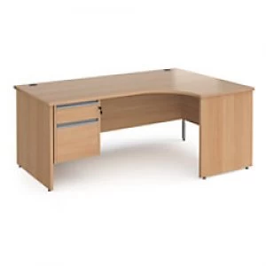 Dams International Right Hand Ergonomic Desk with 2 Lockable Drawers Pedestal and Beech Coloured MFC Top with Silver Panel Ends and Silver Frame Corne