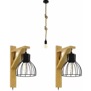 Ceiling Pendant Light & 2x Matching Wall Lights Black & Rustic Rope Trendy Lamp