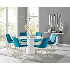 Furniture Box Palma White High Gloss Round Dining Table and 6 Blue Pesaro Gold Leg Chairs