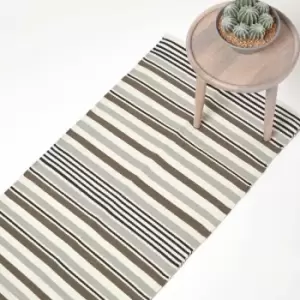 Modern Black Grey Scandinavian Style Striped Cotton Rug, 66 x 200cm - Grey - Homescapes