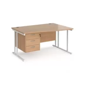 Office Desk Right Hand Wave Desk 1400mm With Pedestal Beech Top With White Frame Maestro 25 MC14WRP3WHB