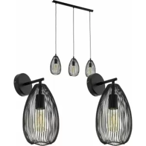 3 Bulb Ceiling Pendant & 2x Matching Wall Lights Black Wire Cage Shade Linear