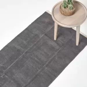 Dark Grey 100% Cotton Plain Chenille Rug with Natural Trim, 66 x 200cm - Grey - Homescapes