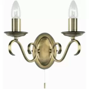 Loops - Dimmable LED Twin Wall Light Antique Brass Vintage 2x Bulb Lounge Lamp Lighting