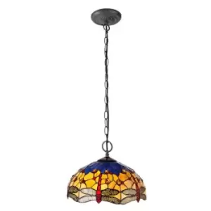 2 Light Downlighter Ceiling Pendant E27 With 40cm Tiffany Shade, Blue, Orange, Crystal, Aged Antique Brass - Luminosa Lighting