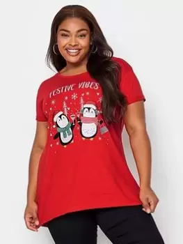 Yours Novelty Tee - Festive Vibes, Red, Size 16, Women