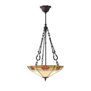 Nevada 3 Light Large Inverted Ceiling Pendant Dark Bronze, Tiffany glass, E27