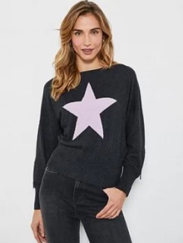 Mint Velvet Star Front Stitch Jumper - Dark Grey, Size L, Women