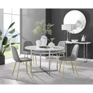 Furniturebox Adley White High Gloss 120cm Storage Dining Table & 4 Grey Corona Faux Leather Dining Chairs with Gold Legs Diamond Stitch