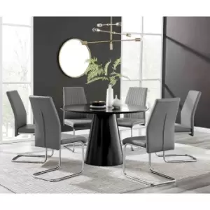 Furniture Box Palma Black Semi Gloss Round Dining Table and 6 Grey Lorenzo Chairs