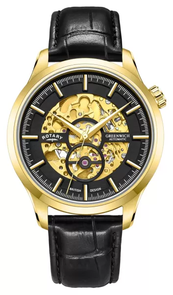 Rotary GS02948/04 Greenwich Gold and Black Skeleton Dial Watch