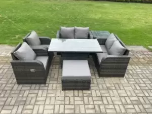 Fimous 6 Seater Outdoor Dark Grey Rattan Lounge Complete Sofa Set with Adjustable Table, Side Table and Big Footstool